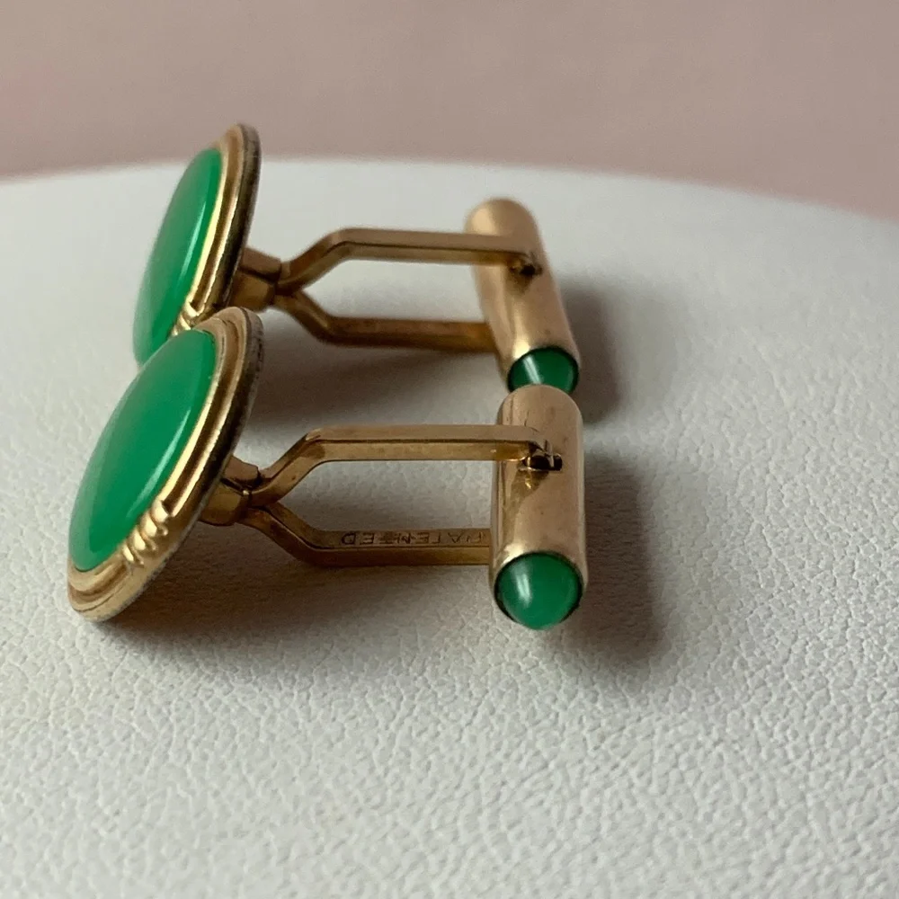 Vintage Green Krementz Gold Filled Cuff Links